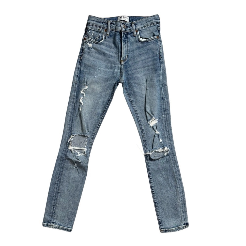 Agolde Sophie Crop High Rise Blue Distressed Skinny Jeans Size 24